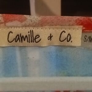 NWOT Camille & Co orange sheer multi-colored patterned designed blouse Sz S/M